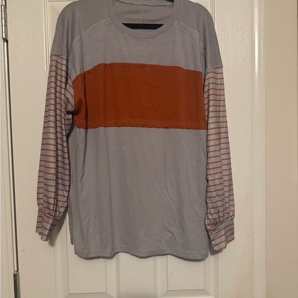 Gray and Orange Striped Long Sleeve Shirt